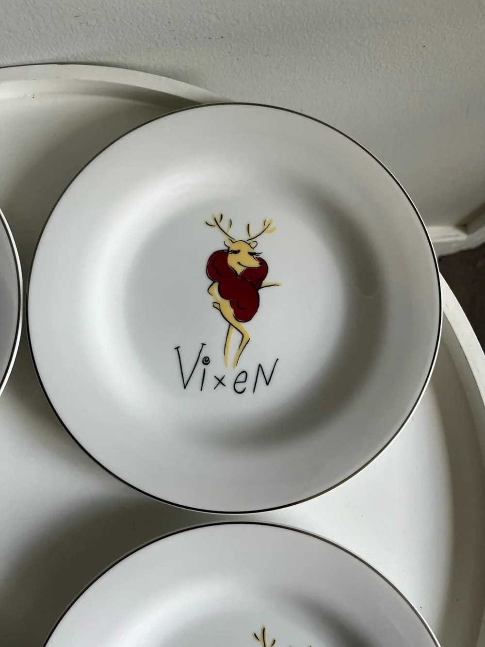Lot of 4 Pottery Barn Christmas Reindeer Salad Plates Vintage